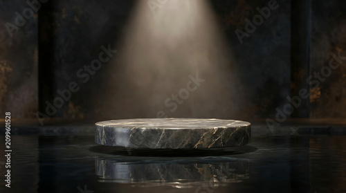 Marble podium on reflective floor with spotlight in dark room for product display or presentation