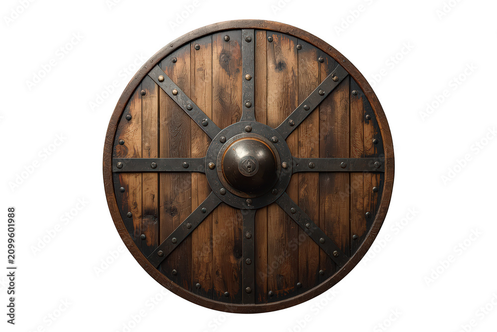 Fototapeta premium Round wooden viking shield with iron boss and studs, ancient defensive war weapon on transparent background