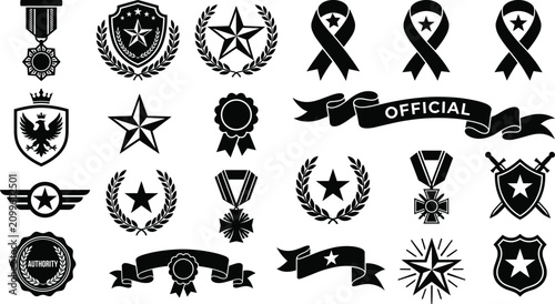 Valokuva Black heraldic insignia silhouettes icons vector set containing shield badges me