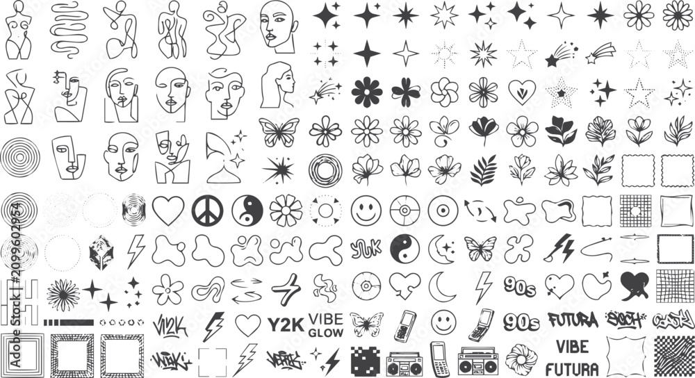Fototapeta premium Trendy y2k aesthetic line art collection faces flowers stars and nostalgic 90s elements for graphic design