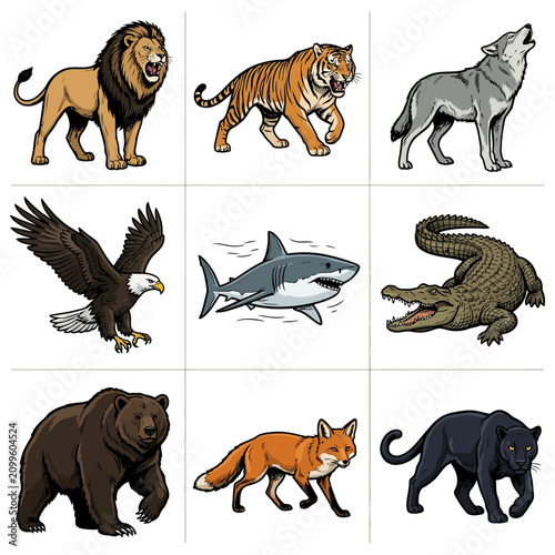 Canvas Print A collection of nine detailed cartoon illustrations featuring various wild animals including a lion, tiger, wolf, eagle, shark, crocodile, bear, fox, and panther