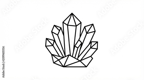 Minimalist black and white geometric crystal cluster illustration for modern graphic design projects with line art illustration, clean minimalist