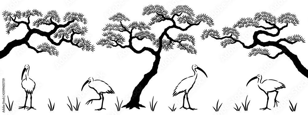 Obraz premium Ibises walking around pine trees isolated on a transparent background, Japanese style illustrations