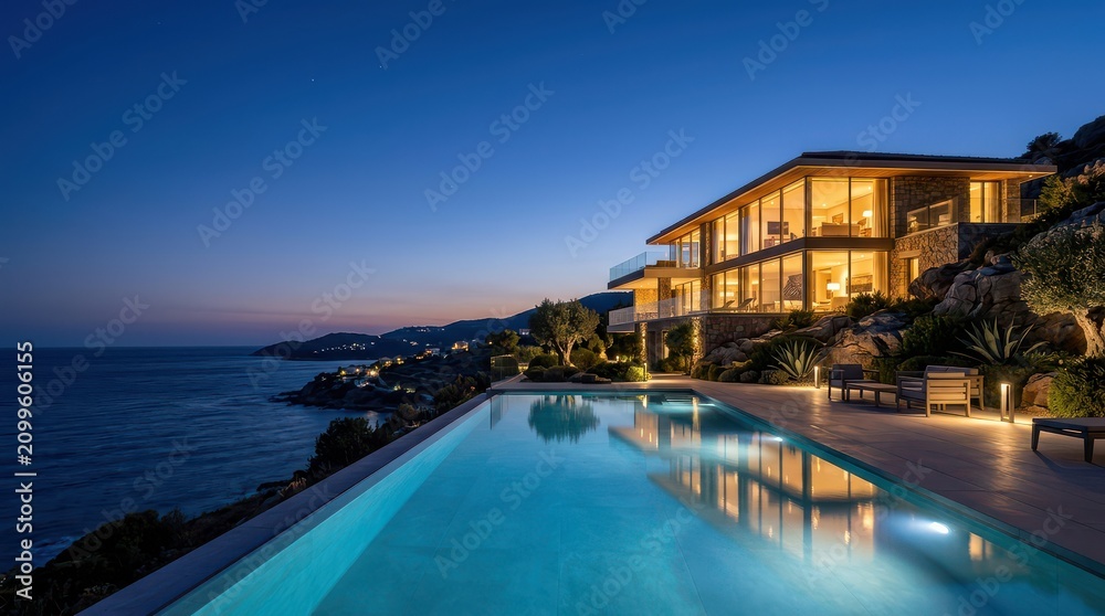 Fototapeta premium Cliffside modern house with infinity pool overlooking sea at twilight