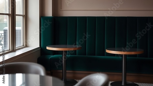 A deep green velvet banquette with small tables in a softly lit, minimalist restaurant.