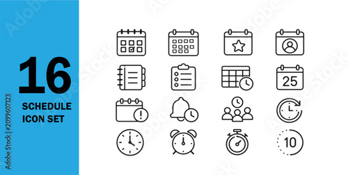 Schedule Icons Set with Calendar, Clock, Planner, Reminder and Time Management Outline Vector Collection