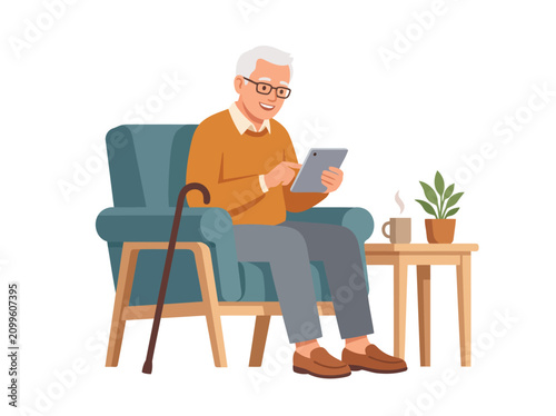 Happy Senior Man Using Digital Tablet While Sitting in Comfortable Armchair at Home Vector Illustration