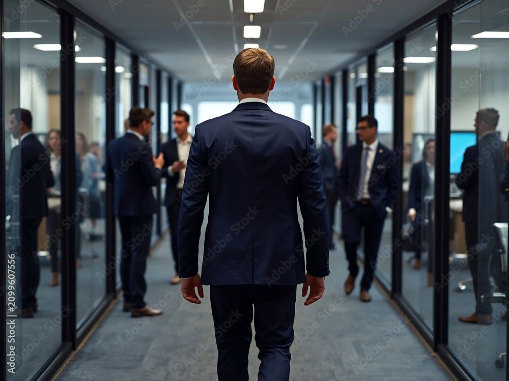 Fototapeta premium Generative AI depicts a business professional walking through a modern office corridor