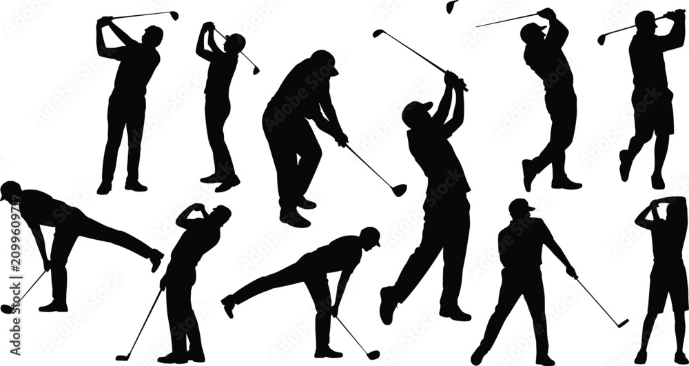 Fototapeta premium Golf player silhouettes set, professional golfer swing poses, sports activity vector collection, isolated black