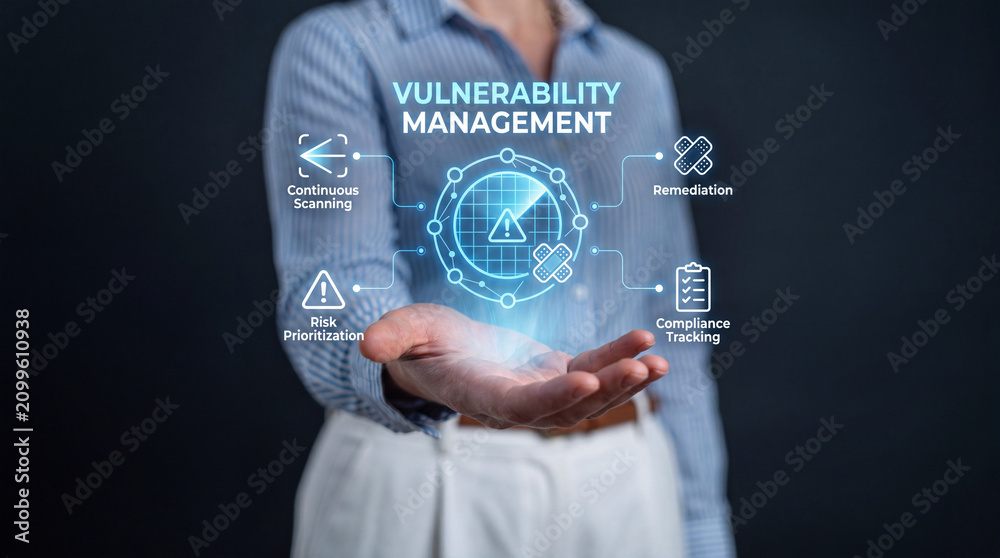 Obraz premium Businesswoman Holding Blue Vulnerability Management Hologram