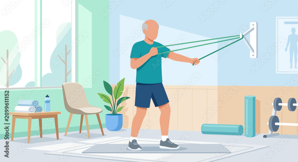 Fototapeta premium Vector illustration of senior man performing shoulder rehabilitation exercises using green resistance band in bright clinic with physical therapy equipment and medical posters.