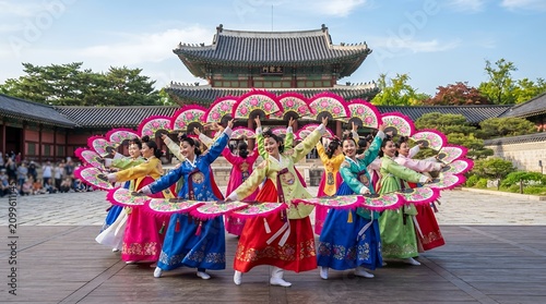 Traditional Korean dancers perform with fans in front of a historic palace.