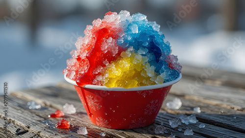 Colorful Snow Cone on Rustic Wood: A vibrant red cup overflows with a refreshing snow cone, a delightful medley of red, yellow, and blue shaved ice drizzled with syrup. A perfect treat for a warm day.