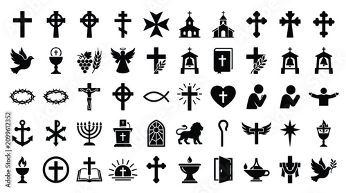 Foto Comprehensive set of black Christian religious icons and symbols including multiple cross styles, churches, bibles, doves, angels, fish, and communion elements isolated on white