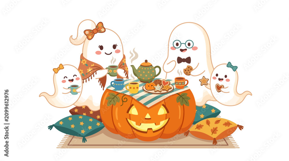 Fototapeta premium Cute Ghost Family Having a Cozy Halloween Tea Party