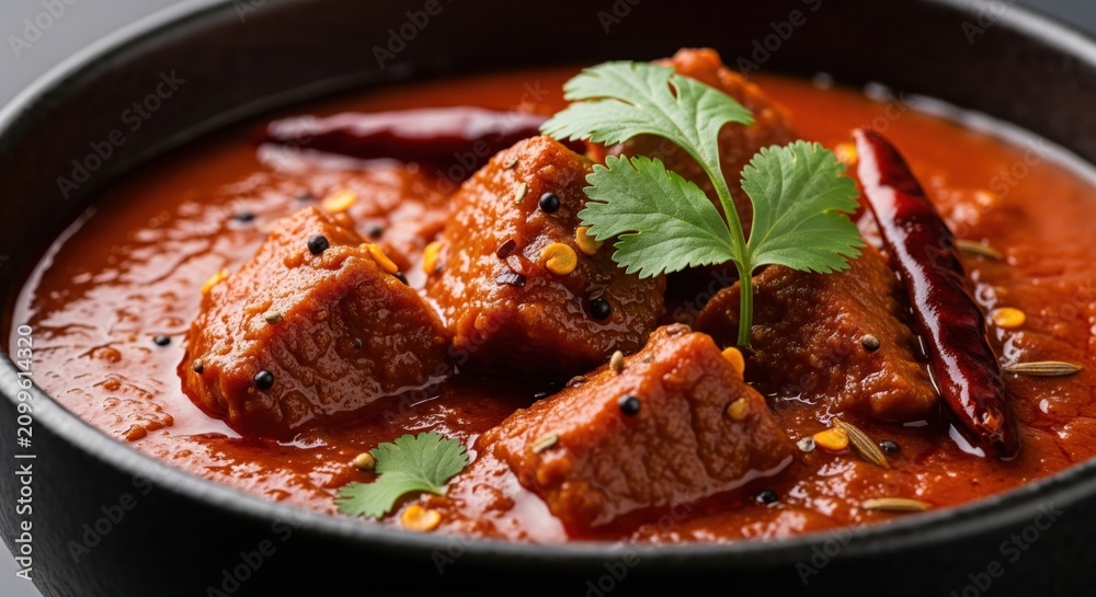 Fototapeta premium Spicy Indian mutton curry in a black bowl served with fresh cilantro