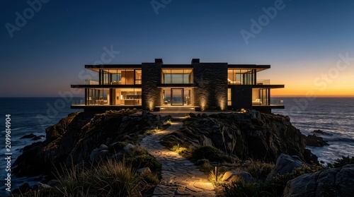 Modern cliff house with stone pathway and sunset ocean view
