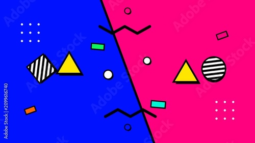 Memphis Style Abstract Geometric Background with Blue and Pink Split