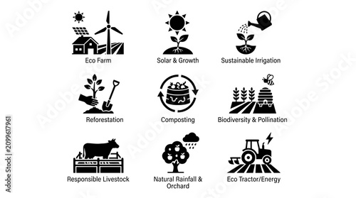 Eco friendly farming and sustainability icons.