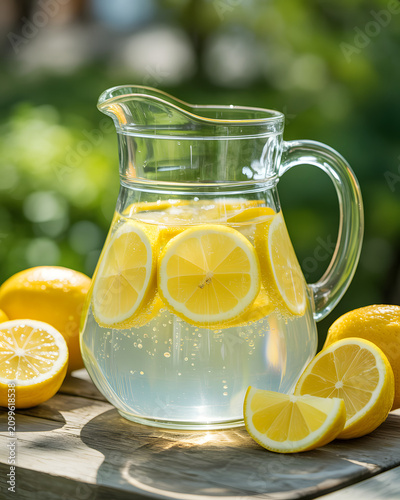 Refreshing pitcher of lemonade with lemon slices and ice served outdoors on a wooden table perfect for summer drinks and recipes.