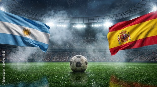 Argentina versus Spain football final with national flags in rainy stadium