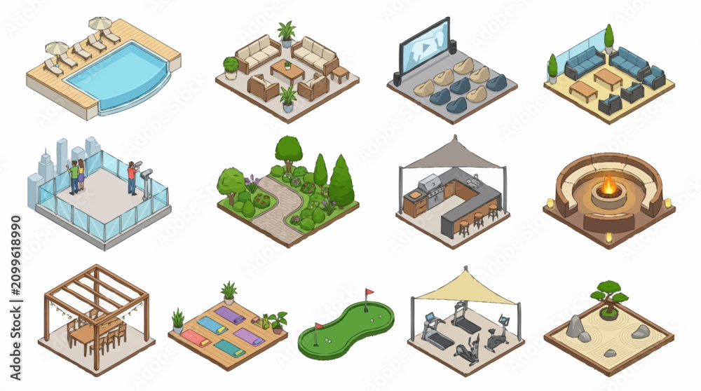 Fototapeta premium Isometric illustrations of modern buildings and outdoor spaces.