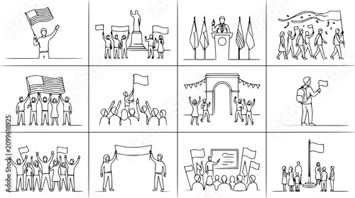 Konstfotografi Protest Crowd Holding Flags and Banners - Line Art Collection