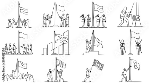 Tableau sur toile People Raising Flags: Diverse Scenes of Patriotism and Ceremony in Line Art Styl
