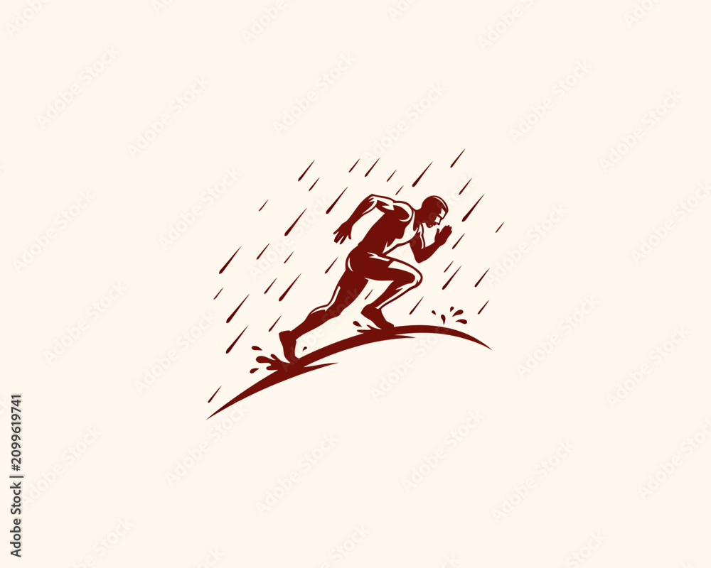 Fototapeta premium Centered graphic illustration of a muscular male figure sprinting in a rainstorm, featuring a strong diagonal rain pattern and a curved red ground line.