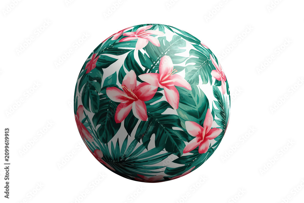 Obraz premium Sphere displaying tropical floral pattern with green leaves and pink flowers, summer design on a transparent background