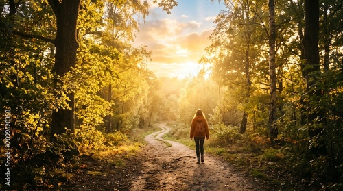 Woman walking on a forest path during golden hour sunlight.