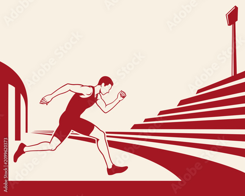 Принти на полотні Anatomically focused red illustration of a male sprinter demonstrating peak kine