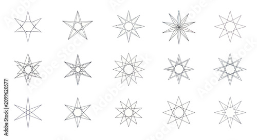 Foto Set of minimalist geometric star icons and abstract line art symbols on white ba