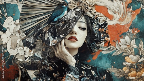 A Captivating Portrait of a Woman Adorned with Floral Elements and a Bird Accents, Expressing Timeless Elegance