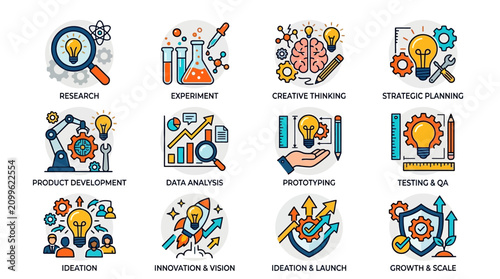 Business professionals engaged in creative training and product development with various innovative tools and data analysis in a modern office setting with strategic planning