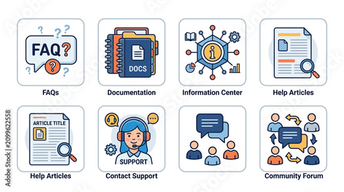 Support icons illustrate FAQs and help resources for users online