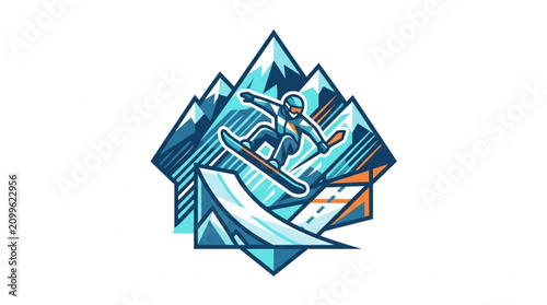 Fotografía Colorful snowboarder illustration with mountain backdrop.