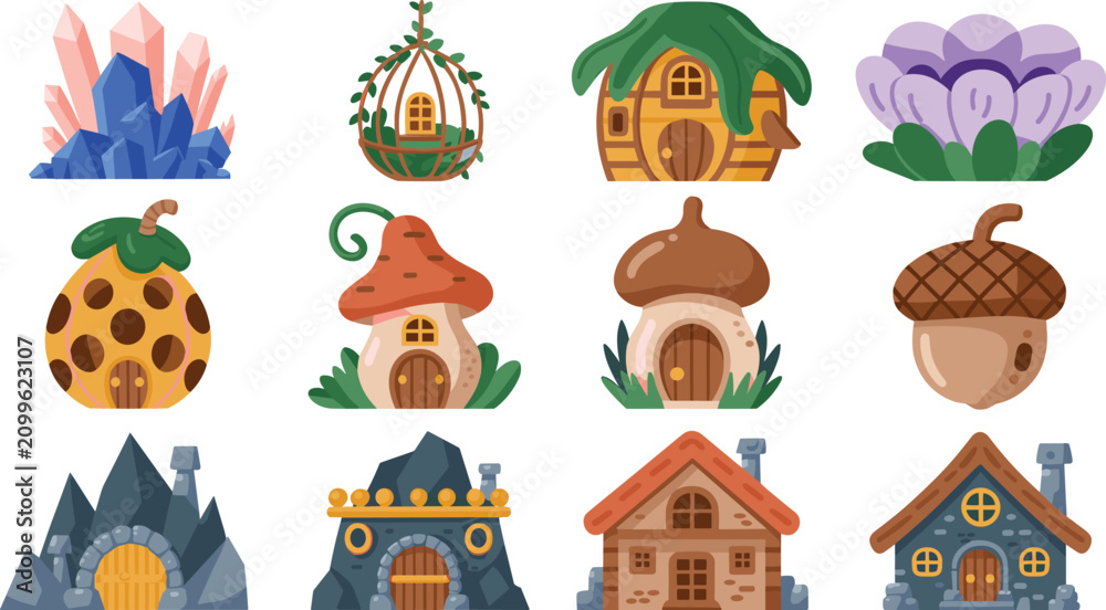 Fototapeta premium Fantasy Game Building Icon Set with Fairy Mushroom Acorn Crystal Flower and Stone Dwarf Mine Houses for RPG Map Design Elements