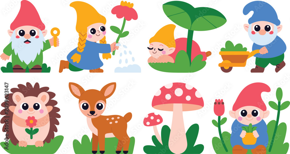 Naklejka premium Cute Garden Gnome and Forest Animals Vector Character Set Featuring Little Gnomes Hedgehog Deer Mushroom and Gardening Elements for Kids Designs