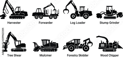 Forestry machinery black silhouette icons set featuring log loader forwarder wood chipper and harvester vehicles