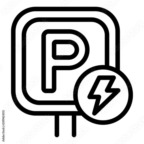 parking outline icon. P sign post with lightning bolt badge beside it. used to mark electric vehicle charging parking space. electric vehicle and green energy