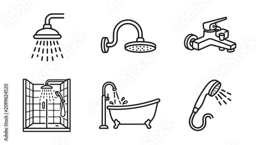 Black and white icon set featuring bathroom shower heads faucets and a bathtub bathroom plumbing interior hardware construction illustration monochrome isolated cleaning equipment facility