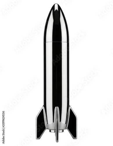 Sleek chrome metallic rocket ship with a polished aerodynamic exterior with transparent background