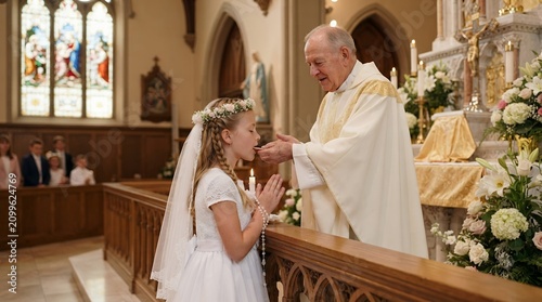 Young girl receiving communion from priest in church during religious ceremony.