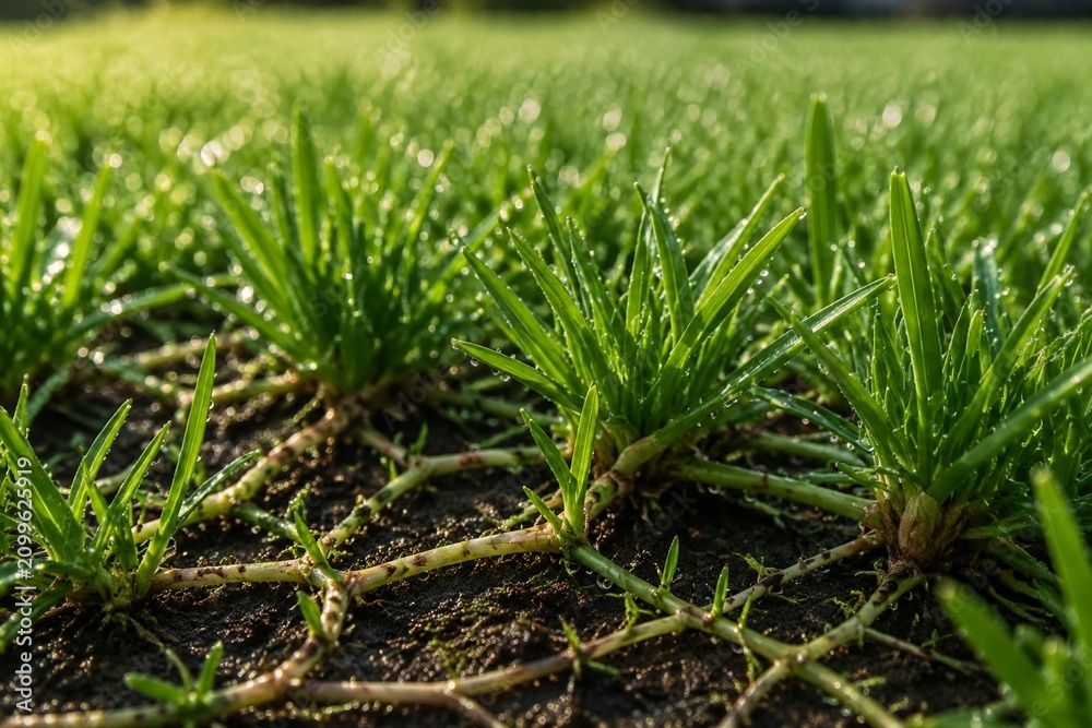 Obraz premium Lush green lawn with stolon network connecting grass clusters, morning dew.
