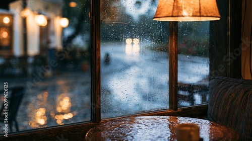 Cafe window view quiet street rain cozy