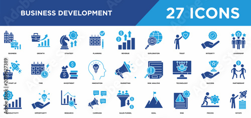 Принти на полотні Business development  solid icons set with business, growth, strategy, planning, revenue, exploration concepts