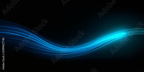 Canvastavla Smooth neon blue and cyan light ribbon wave on black background