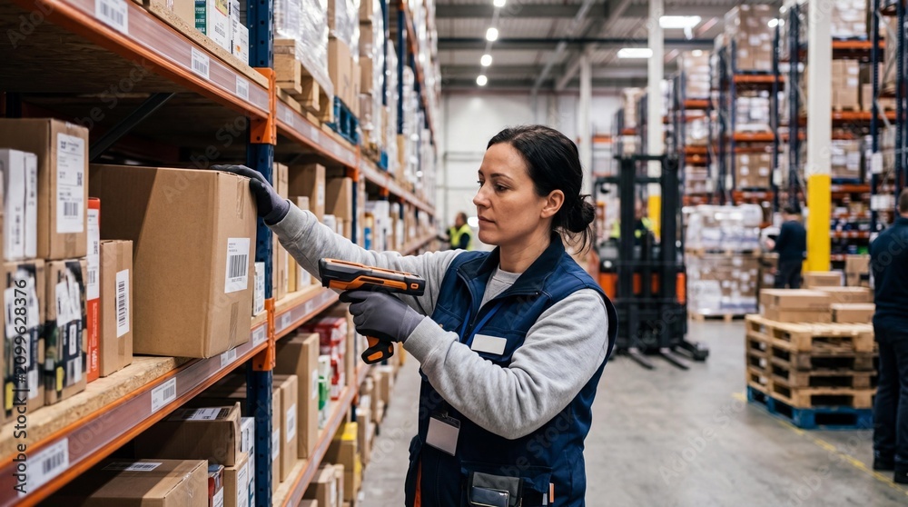 Fototapeta premium Female warehouse worker scanning cardboard box barcode with hand scanner