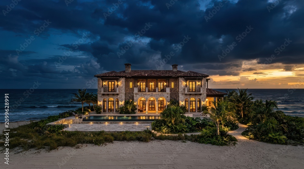 Fototapeta premium Beachfront stone mansion with pool and storm clouds at sunset